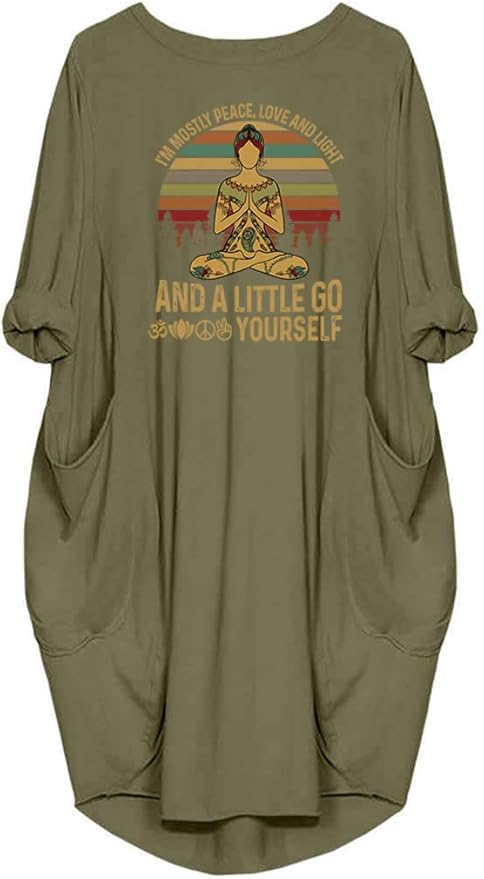 Womens I'm Mostly Peace Love and Light and A Little Go Print Long Sleeve Loose Pocket Oversize Tunic Dress