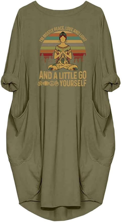 Womens I'm Mostly Peace Love and Light and A Little Go Print Long Sleeve Loose Pocket Oversize Tunic Dress