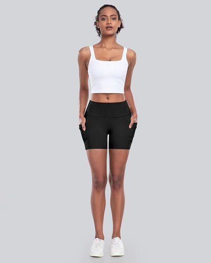 CHRLEISURE Womens Biker Yoga Shorts with Pockets: High Waisted Tummy Control Spandex Workout Athletic Gym Shorts 4 Packs