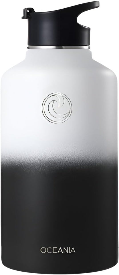 Oceania Flask 64oz Stainless Steel Water Bottles | Modern, Leakproof, Vacuum Insulated with 3 Lids, 3 Straws & 2 Straw Cleaning Brushes | Simple Lightweight Camping & Hiking Hydration Canteens