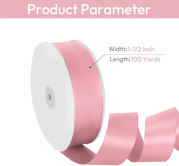 1-1/2" Width x 100 Yards Satin Ribbon, Pink Ribbon Perfect for DIY Craft, Bows, Gift Wrapping, Flower Bouquet, Valentine's Day, Christmas and Party Decoration