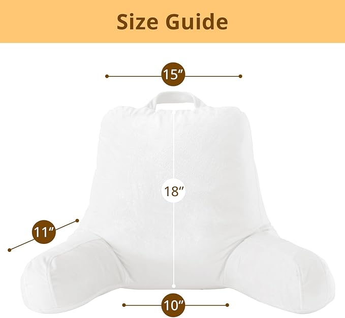 Sasttie Reading Pillow, Velvet Back Pillow for Bed Sitting Up, Adult Back-Rest Support Cushion with Arms for Sit Up on Couch, Sofa, and Floor, Dorm Essentials, Reading Accessories, White