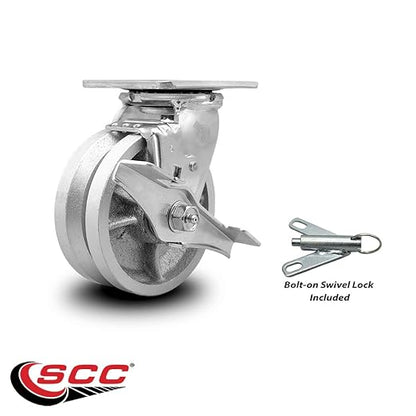 V Groove Semi Steel Cast Iron Swivel Top Plate Heavy Duty Caster with 5 Inch Wheel and Top Lock Brake and Bolt on Swivel Lock – 1,100 lbs. Capacity/Caster - Service Caster Brand