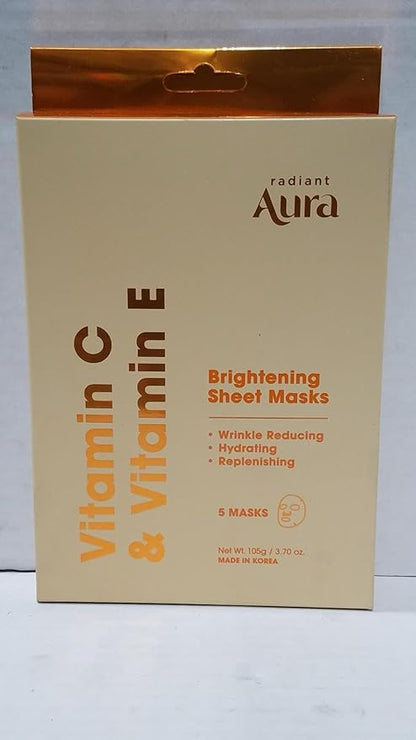 Face Sheet Mask with Vitamin C & E - Dermatologist Tested Korean Beauty Mask for Brightening & Deep Hydration - Premium Facial Treatment for Glowing & Rejuvenated Skin - 5 Pack