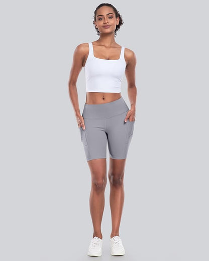 CHRLEISURE Womens Biker Yoga Shorts with Pockets: High Waisted Tummy Control Spandex Workout Athletic Gym Shorts 4 Packs