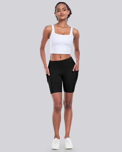 CHRLEISURE Womens Biker Yoga Shorts with Pockets: High Waisted Tummy Control Spandex Workout Athletic Gym Shorts 4 Packs
