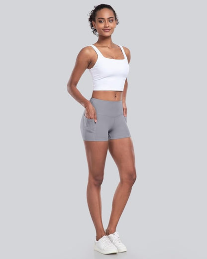 CHRLEISURE Womens Biker Yoga Shorts with Pockets: High Waisted Tummy Control Spandex Workout Athletic Gym Shorts 4 Packs