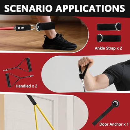 Resistance Bands Set, Exercise Bands, Workout Bands with Handles for Men and Women, Ankle Straps, Door Anchor and Carry Bag - Home and Gym Strength Training