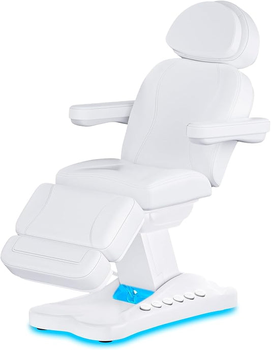 Full Electrical Aesthetic Chair with Lights for Clients, 3-Motors 200W Adjustable Tattoo Facial Beauty Bed with Remote Control, Capacity 550LBS for Podiatry Office Aesthetician Services (White)