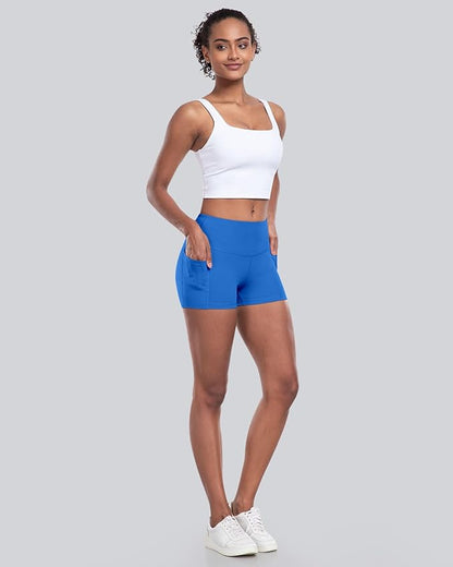 CHRLEISURE Womens Biker Yoga Shorts with Pockets: High Waisted Tummy Control Spandex Workout Athletic Gym Shorts 4 Packs