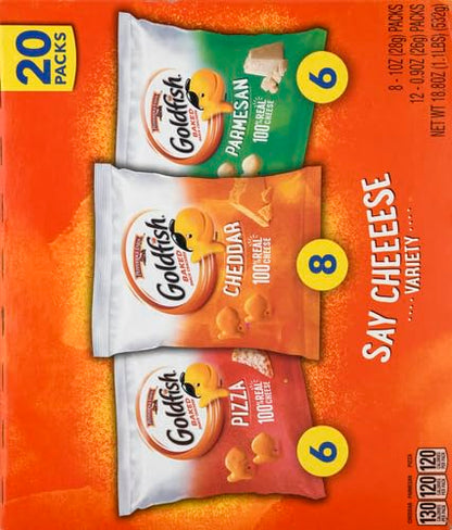 Goldfish Crackers Say Cheeeese Variety Pack with Cheddar, Pizza and Parmesan, Snack Packs, 20 Ct (Pack of 2)