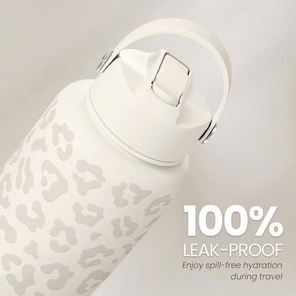 Leopard Water Bottle 32oz Stainless Steel Vacuum Insulated with Lid, Leopard Print Water Bottles for Gym Sports Travel Outdoor, Gifts for Women Girls Ladies Birthday Christmas