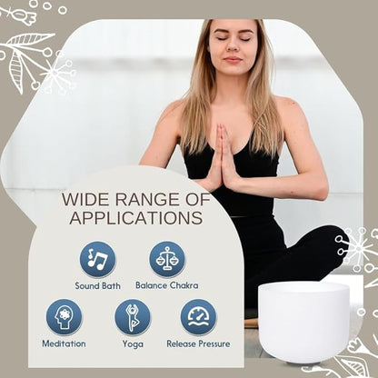 10 inch White A Note Third Eye Chakra Quartz Crystal Singing Bowl, for Healing Mindfulness Meditation Yoga Sound Baths, with Rubber Mallet O-ring