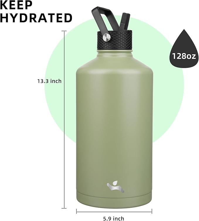 Gallon Insulated Water Bottle with Straw,128 oz 3 Lids Water Jug with Carrying Bag,Paracord Handle, Double Wall Vacuum Stainless Steel Metal Flask,Camp Green