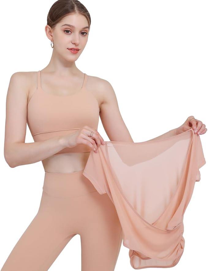 Harssidanzar Yoga Short Sleeve Two-piece set for Women Mesh Gym Athletic Tops Workout Shirts with Sports Bra CL305US