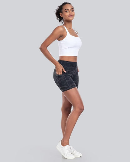CHRLEISURE Womens Biker Yoga Shorts with Pockets: High Waisted Tummy Control Spandex Workout Athletic Gym Shorts 4 Packs