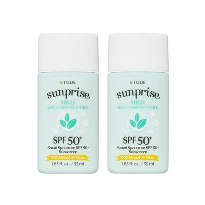 ETUDE Sunprise Mild Airy Finish Sun Milk Duo Set (55ml*2) SPF50+ / PA++++ | Sebum-free, Non-Sticky, Long Lasting Protection, 100% Mineral Based Korean Sunscreen, Korean Skin Care, Pefect for Gift