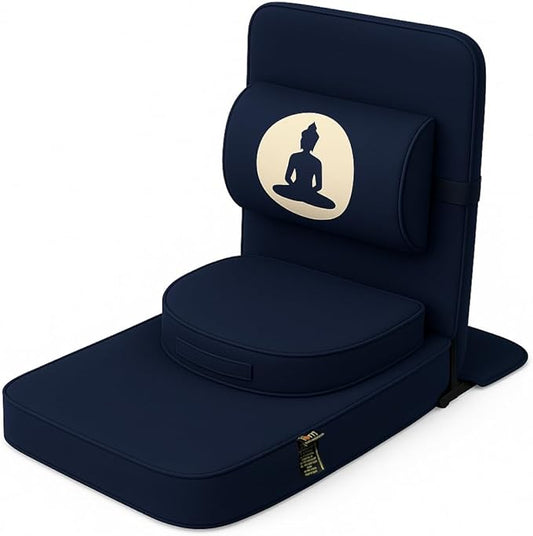 Friends Of Meditation Relaxing Buddha Meditation Chair | Detachable Rectangular Back Support & Zafu Cushion | Portable Folding Chair | with Back Support | Yoga Chairs for Adults | Navy Blue