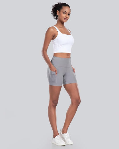 CHRLEISURE Womens Biker Yoga Shorts with Pockets: High Waisted Tummy Control Spandex Workout Athletic Gym Shorts 4 Packs