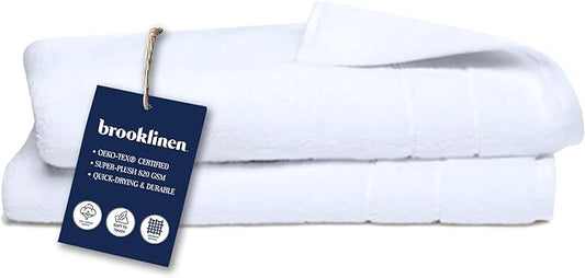 Brooklinen Super-Plush Turkish Cotton Hand Towels Set of 2 Cotton, 820 GSM, Highly Absorbent, Machine Washable, Perfect for Home & Bathroom (20"x30", White)