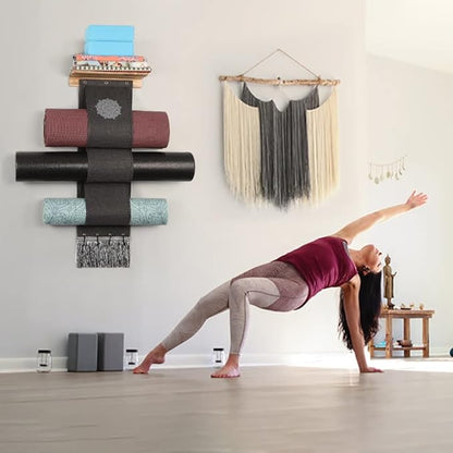 VINAEMO Yoga Mat Holder Accessories Wall Mount Organizer Storage Decor Foam Roller and Towel Storage Rack with 4 Hooks and Wooden Shelves Yoga Mats Rack Resistance Bands for Home Gym School Office