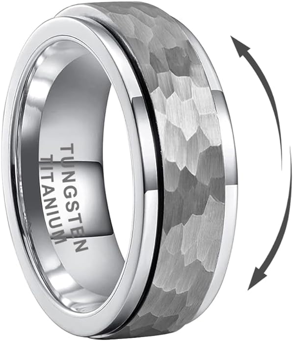 8mm Silver/Black/Gold Spinner Tungsten Titanium Fidget Rings for Men Women Anxiety Released Hammered Design Engagement Wedding Band Stepped Edges Comfort Fit
