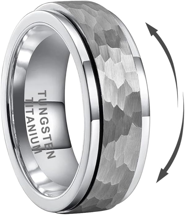 8mm Silver/Black/Gold Spinner Tungsten Titanium Fidget Rings for Men Women Anxiety Released Hammered Design Engagement Wedding Band Stepped Edges Comfort Fit