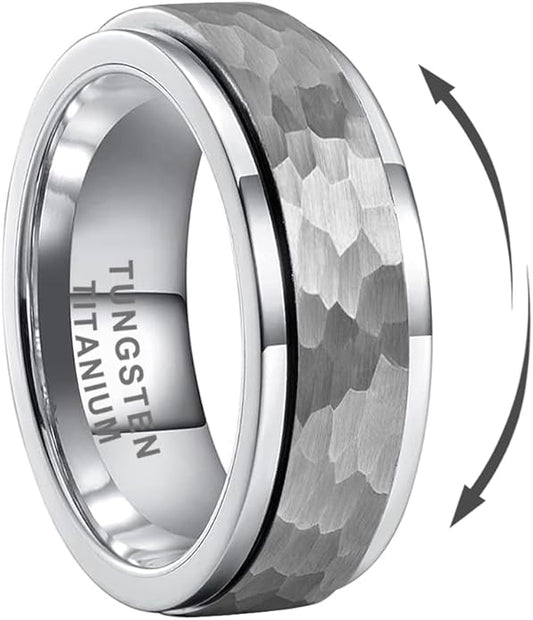 8mm Silver/Black/Gold Spinner Tungsten Titanium Fidget Rings for Men Women Anxiety Released Hammered Design Engagement Wedding Band Stepped Edges Comfort Fit