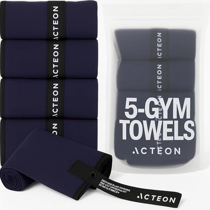 Acteon Microfiber Gym Towels 5 Pack, Quick Dry Silver ION Odor-Free Mega Absorbent Sweat Towels for Men & Women, Workout, Yoga, Running, Beach, Travel – 16x30.5 Inch (Midnight Blue)