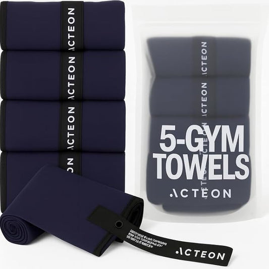Acteon Microfiber Gym Towels 5 Pack, Quick Dry Silver ION Odor-Free Mega Absorbent Sweat Towels for Men & Women, Workout, Yoga, Running, Beach, Travel – 16x30.5 Inch (Midnight Blue)