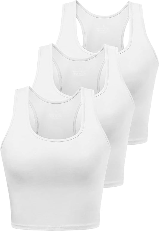 Porvike Sports Crop Tank Tops for Women Cropped Workout Tops Racerback Running Yoga Tanks Cotton Sleeveless Gym Shirts 3 Pack