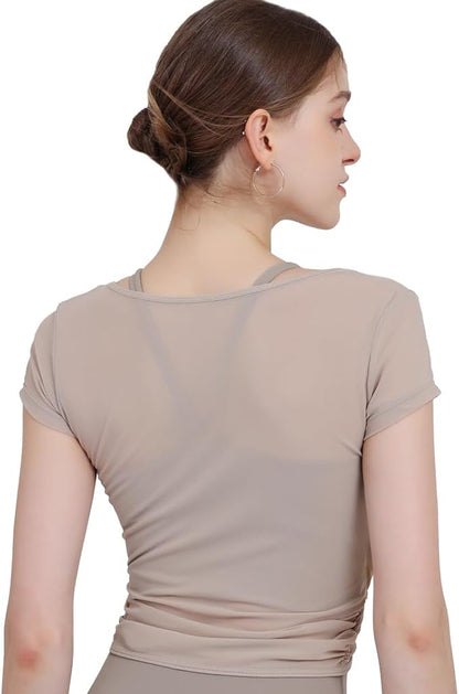 Harssidanzar Yoga Short Sleeve Two-piece set for Women Mesh Gym Athletic Tops Workout Shirts with Sports Bra CL305US