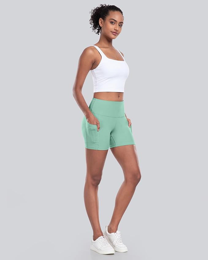 CHRLEISURE Womens Biker Yoga Shorts with Pockets: High Waisted Tummy Control Spandex Workout Athletic Gym Shorts 4 Packs