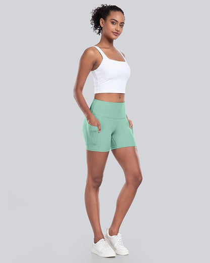 CHRLEISURE Womens Biker Yoga Shorts with Pockets: High Waisted Tummy Control Spandex Workout Athletic Gym Shorts 4 Packs