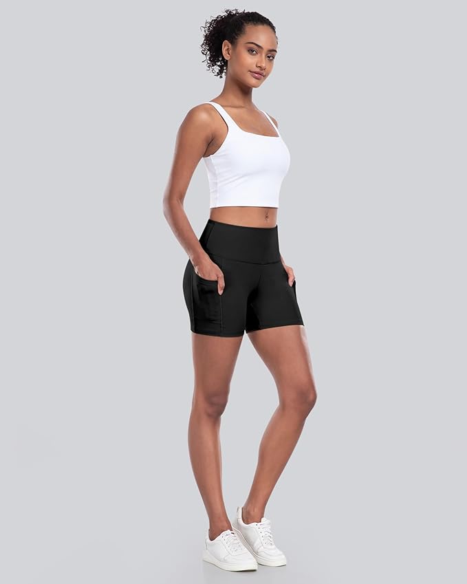 CHRLEISURE Womens Biker Yoga Shorts with Pockets: High Waisted Tummy Control Spandex Workout Athletic Gym Shorts 4 Packs