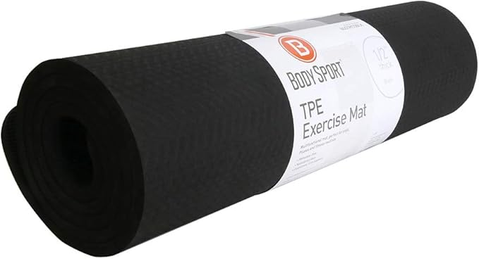 BodySport TPE Exercise Mat for Men and Women – Workout Mat – Perfect for Gyms and Fitness Training – ½ in. Thick, 56 in. Long, Black