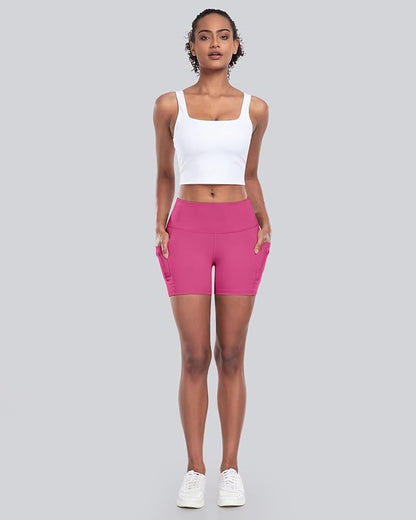 CHRLEISURE Womens Biker Yoga Shorts with Pockets: High Waisted Tummy Control Spandex Workout Athletic Gym Shorts 4 Packs