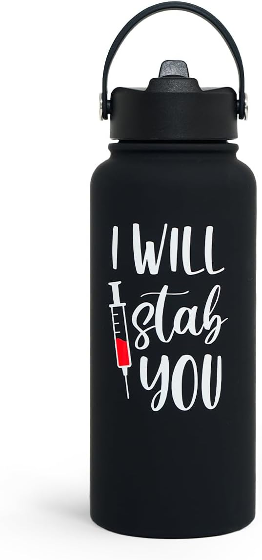 SANDJEST Nurse Gifts for Women - I Will Stab You Water Bottle 32oz Stainless Steel Insulated with Lid, Nurse Appreciation Gifts for Female Nurses, Christmas Birthday Nurse Week