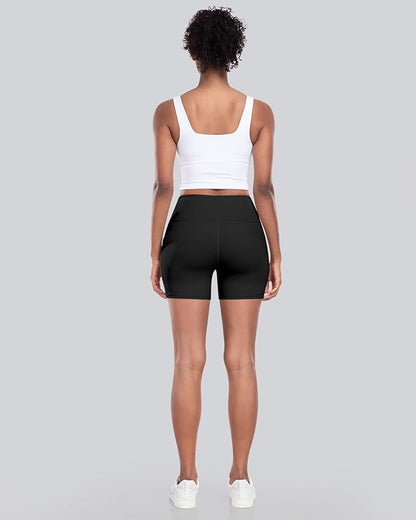 CHRLEISURE Womens Biker Yoga Shorts with Pockets: High Waisted Tummy Control Spandex Workout Athletic Gym Shorts 4 Packs