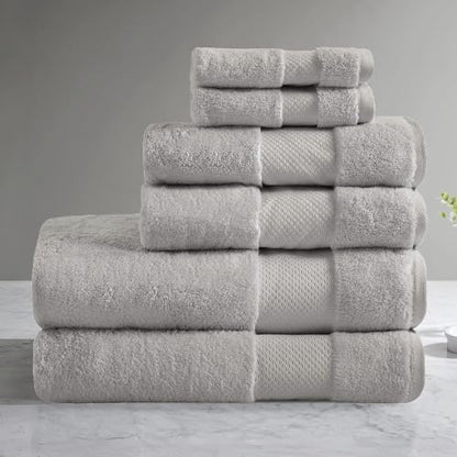 Madison Park Turkish 100% Cotton 600Gsm Luxury Premium Thick Soft Abosorbant Hotel Bathroom Towel Set Shower Hand Face Washcloths, Assorted Sizes, Grey 6 Piece