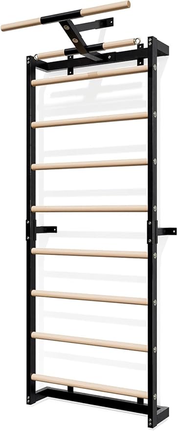 Swedish Ladder, Wood Stall Bars Suspension Trainer with Pull-Up Bar & Rings for Straps, Swedish ladders Wall Gym Adult, Wall-Mounted Workout Ladder for Home, Gym, School