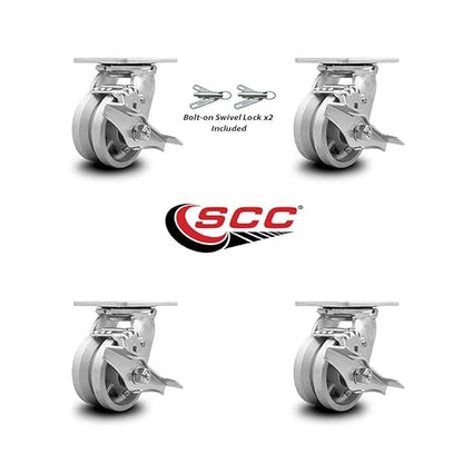 Service Caster Brand Heavy Duty Cast Iron Swivel Top Plate Casters Set of 4 - 4 Inch Wheels with Brakes and Bolt on Swivel Locks
