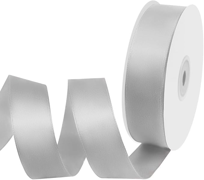 1" Width x 50 Yards Satin Fabric Ribbon, Silver Ribbon Perfect for DIY Bows, Swags, Gift Wrapping, Craft, Flower Bouquet，Christmas and Party Decoration
