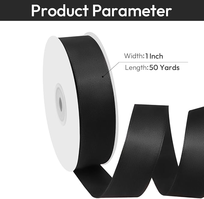 1" Width x 50 Yards Satin Fabric Ribbon, Black Ribbon Perfect for DIY Bows, Swags, Gift Wrapping, Craft, Flower Bouquet，Christmas and Halloween Party Decoration