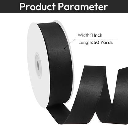 1" Width x 50 Yards Satin Fabric Ribbon, Black Ribbon Perfect for DIY Bows, Swags, Gift Wrapping, Craft, Flower Bouquet，Christmas and Halloween Party Decoration