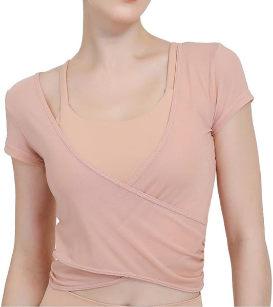 Harssidanzar Yoga Short Sleeve Two-piece set for Women Mesh Gym Athletic Tops Workout Shirts with Sports Bra CL305US