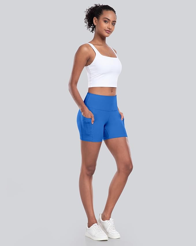 CHRLEISURE Womens Biker Yoga Shorts with Pockets: High Waisted Tummy Control Spandex Workout Athletic Gym Shorts 4 Packs
