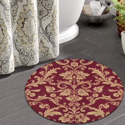 Soft Round Yoga Carpet, Large Home Decor Mat, Non-Slip Machine Washable Kitchen Office Circle Rug Compatible with Flower Maroon Gold Floral Classy Burgundy Antique