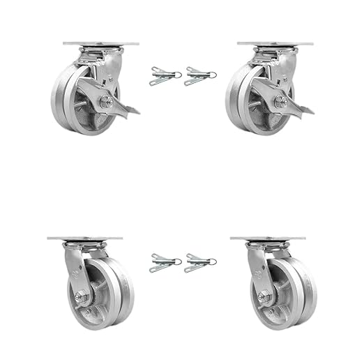 V Groove Semi Steel Swivel Top Plate Casters Set 4 Heavy Duty with 5 Inch Wheels - Includes 2 Swivel with Brakes and Bolt on Swivel Locks and 2 Swivel with Bolt on Swivel Locks - Service Caster Brand