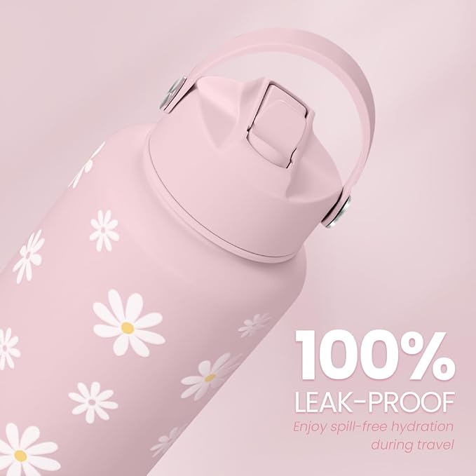 SANDJEST Daisy Water Bottle Stainless Steel 32oz Insulated with Lid, Flower Water Bottles Gifts for Women Girls Friends Teens Birthday Christmas
